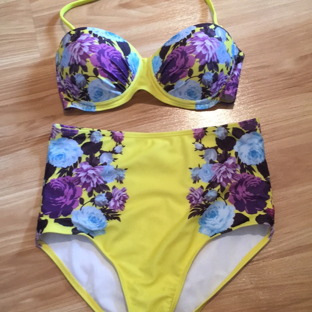 Bright Yellow Floral High Waisted Bikini